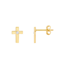 14k Yellow Gold .042ctw Diamond Mini Cross Stud Earrings