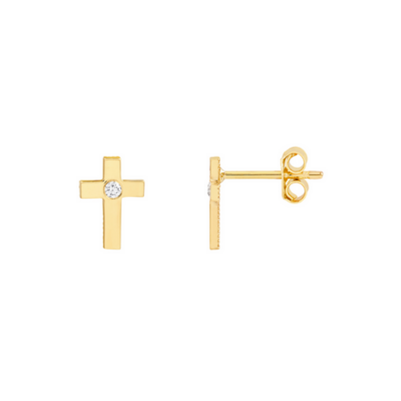 14k Yellow Gold .042ctw Diamond Mini Cross Stud Earrings