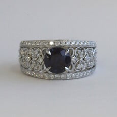 American Jewelry 14k White Gold .69ctw Diamond and Lab Grown Alexandrite Milgrain Hearts Wide Band Ring
