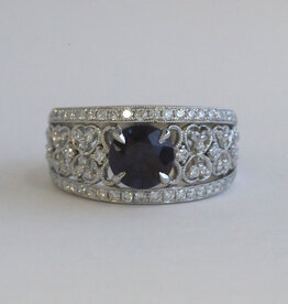 American Jewelry 14k White Gold .69ctw Diamond and Lab Grown Alexandrite Milgrain Hearts Wide Band Ring