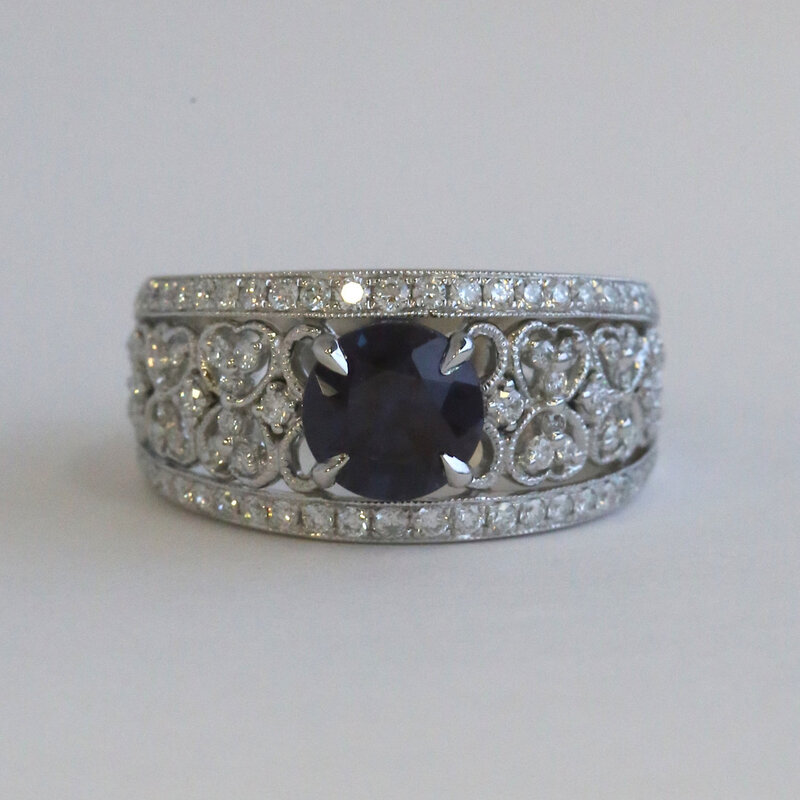 American Jewelry 14k White Gold .69ctw Diamond and Lab Grown Alexandrite Milgrain Hearts Wide Band Ring