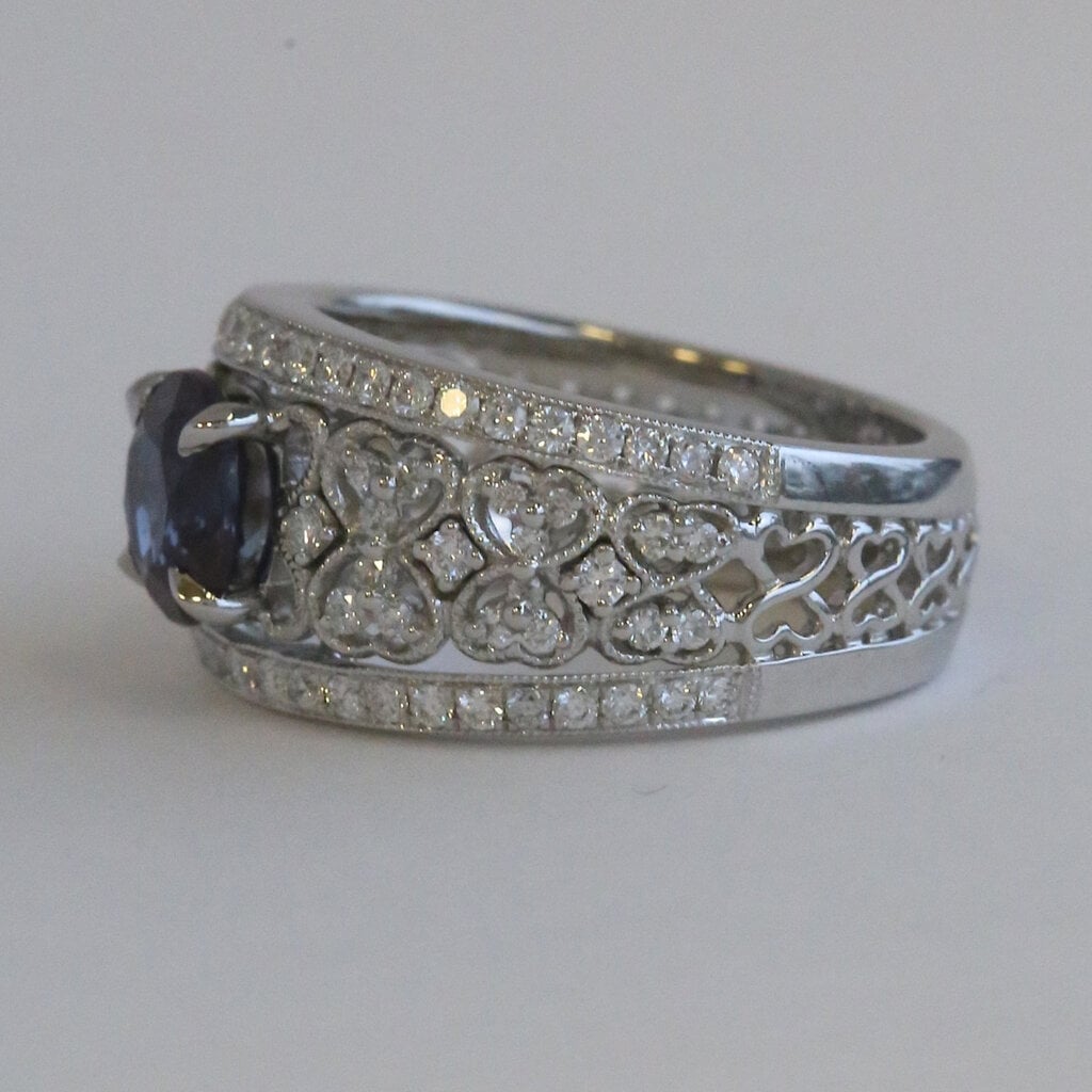 American Jewelry 14k White Gold .69ctw Diamond and Lab Grown Alexandrite Milgrain Hearts Wide Band Ring
