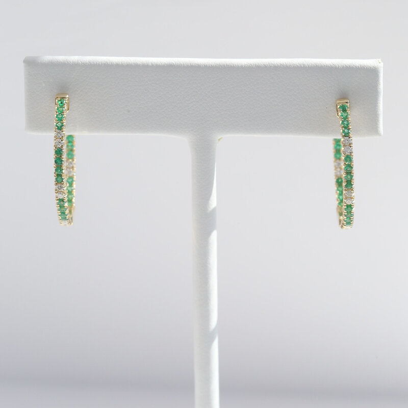 American Jewelry 14k Yellow Gold .50ctw Emerald .25ctw Diamond Oval Inside Out Hoop Earrings