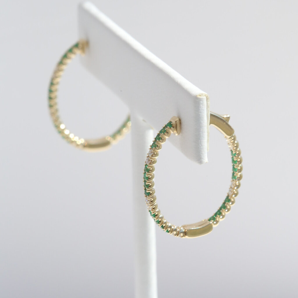 American Jewelry 14k Yellow Gold .50ctw Emerald .25ctw Diamond Oval Inside Out Hoop Earrings
