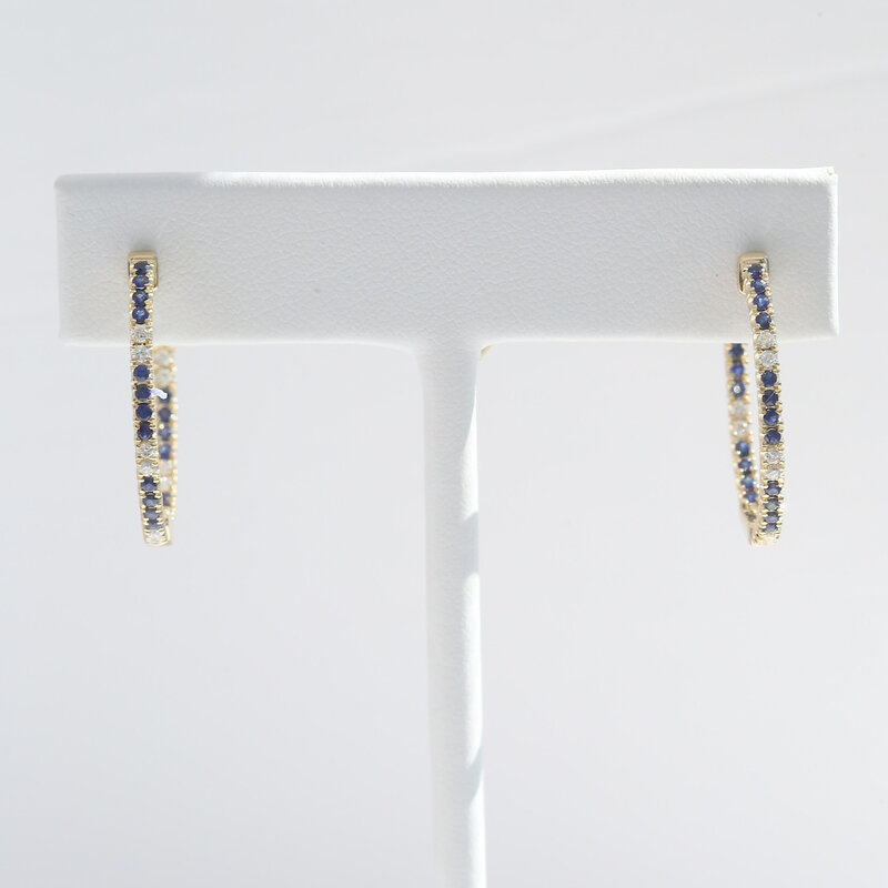 American Jewelry 14k Yellow Gold .63ctw Sapphire .25ctw Diamond Oval Inside Out Hoop Earrings