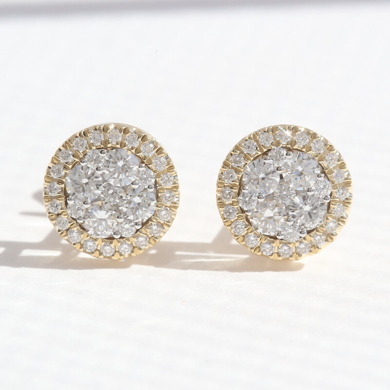 American Jewelry 14k Yellow Gold .86ctw Diamond Pave Halo Stud Earrings