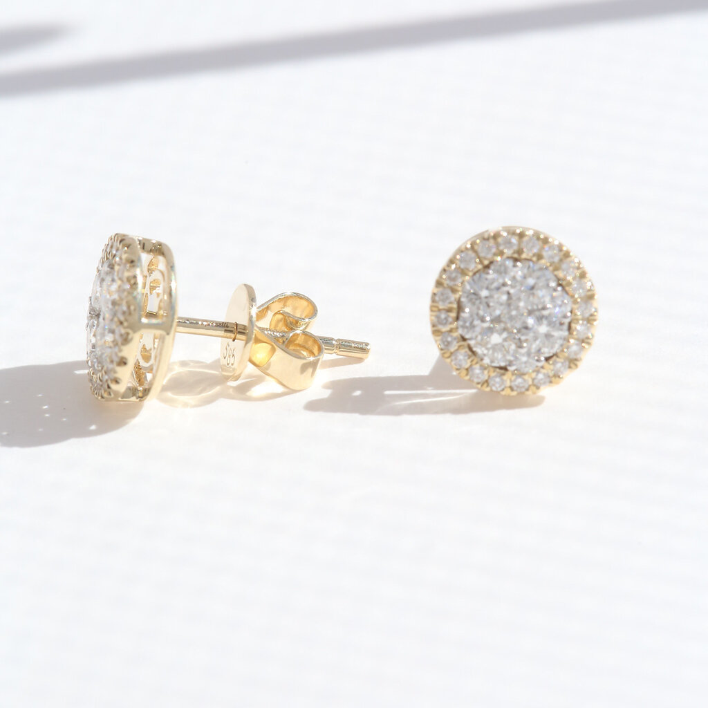 American Jewelry 14k Yellow Gold .86ctw Diamond Pave Halo Stud Earrings