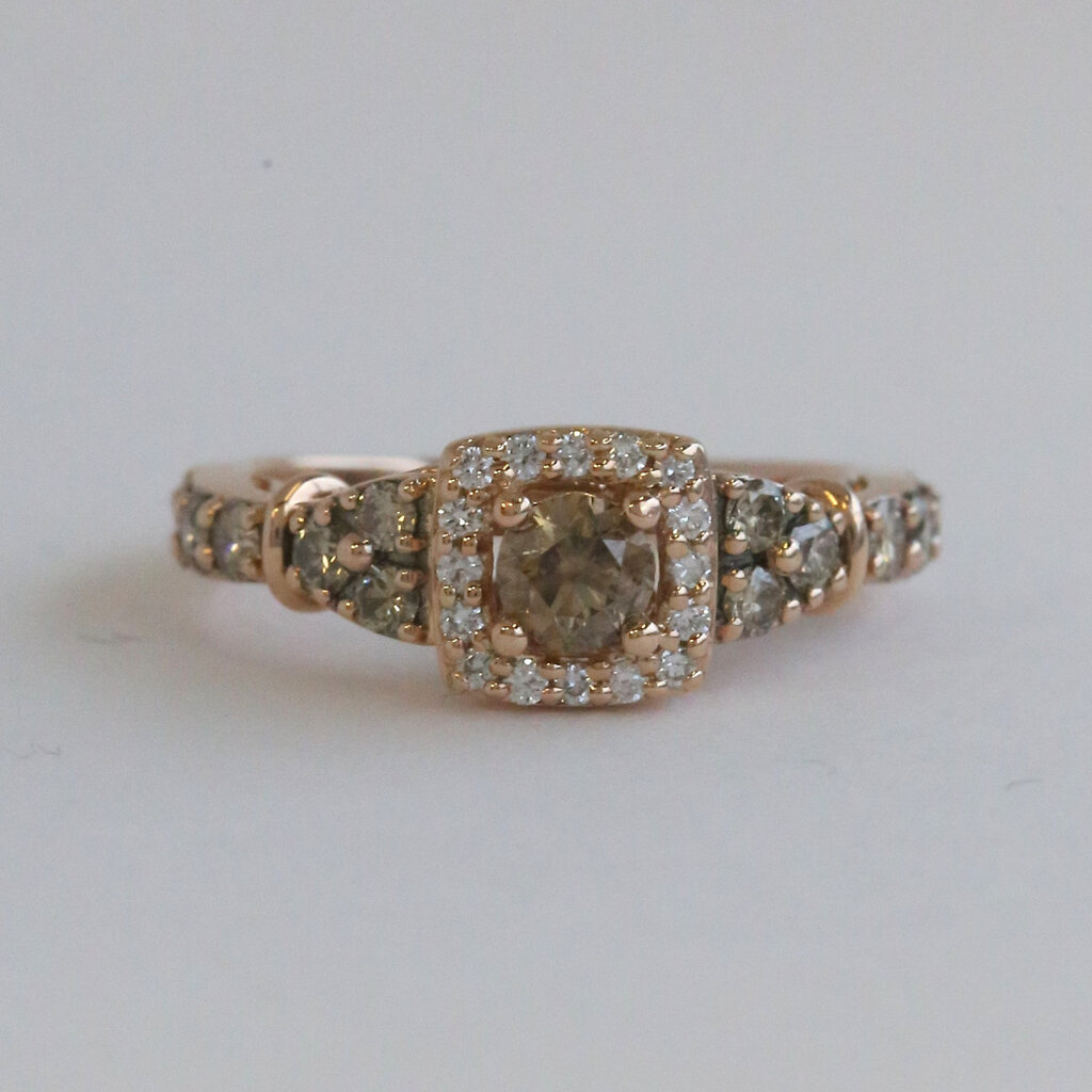 American Jewelry ESTATE 14k Rose Hold 1ctw Champagne & White Diamond Halo Engagement Ring