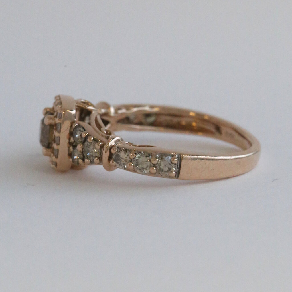 American Jewelry ESTATE 14k Rose Hold 1ctw Champagne & White Diamond Halo Engagement Ring