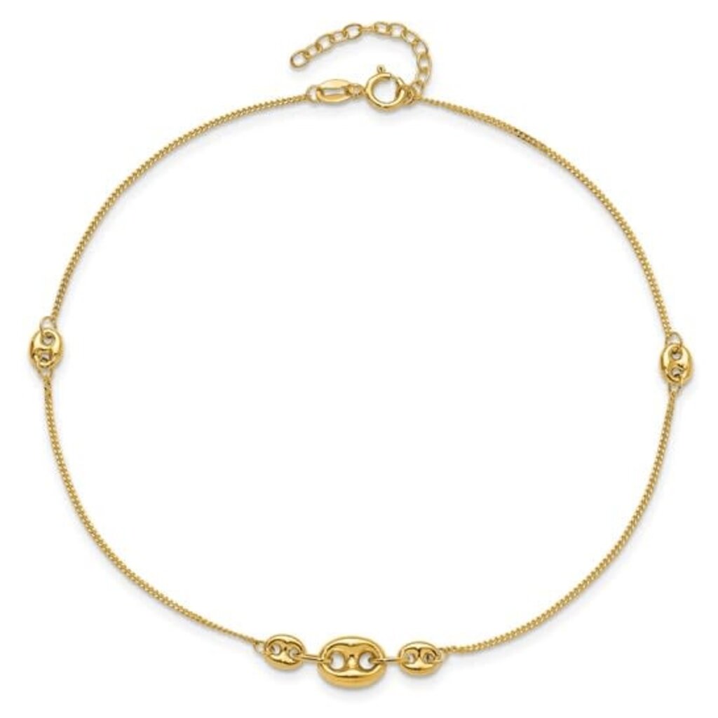 American Jewelry 14k Yellow Gold Fancy Three Link Station Anklet (9" +1" Extension)