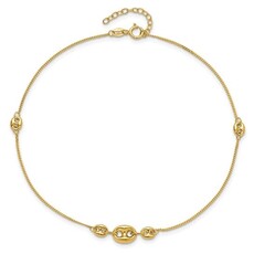 American Jewelry 14k Yellow Gold Fancy Three Link Station Anklet (9" +1" Extension)