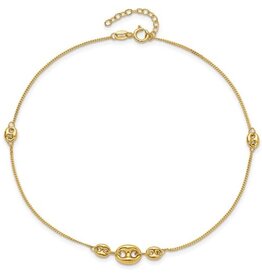 American Jewelry 14k Yellow Gold Fancy Three Link Station Anklet (9" +1" Extension)