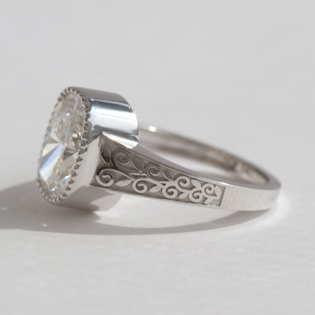 American Jewelry 14k White Gold 3.06ct E/VS1 IGI Lab Grown Elongated Cushion Diamond Filigree Vintage Style Engagement Ring