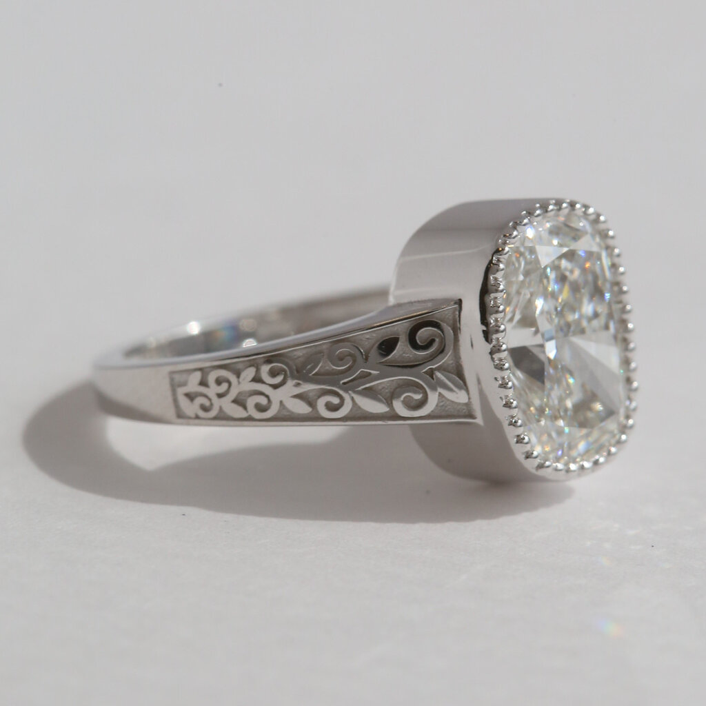 American Jewelry 14k White Gold 3.06ct E/VS1 IGI Lab Grown Elongated Cushion Diamond Filigree Vintage Style Engagement Ring