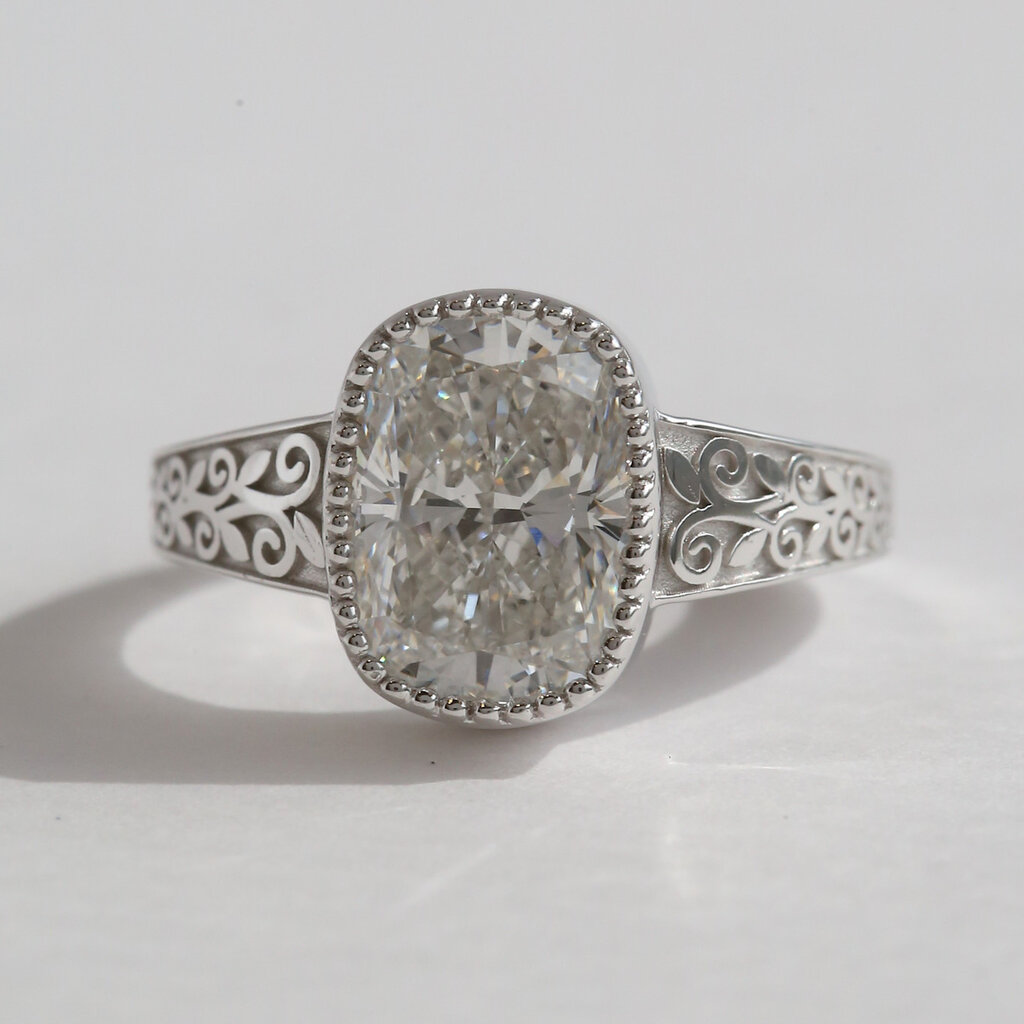 American Jewelry 14k White Gold 3.06ct E/VS1 IGI Lab Grown Elongated Cushion Diamond Filigree Vintage Style Engagement Ring