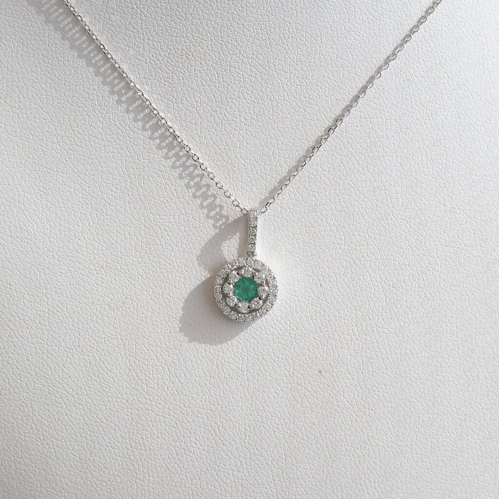 American Jewelry 14k White Gold .23ct Emerald .24ctw Diamond Double Halo Round Necklace