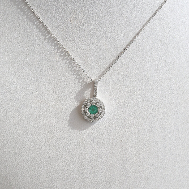American Jewelry 14k White Gold .23ct Emerald .24ctw Diamond Double Halo Round Necklace