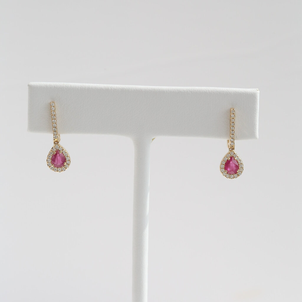 American Jewelry 14k Yellow Gold .74ctw Ruby .21ctw Diamond Pear Halo Dangle Earrings