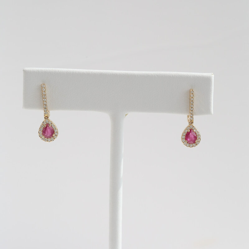 American Jewelry 14k Yellow Gold .74ctw Ruby .21ctw Diamond Pear Halo Dangle Earrings