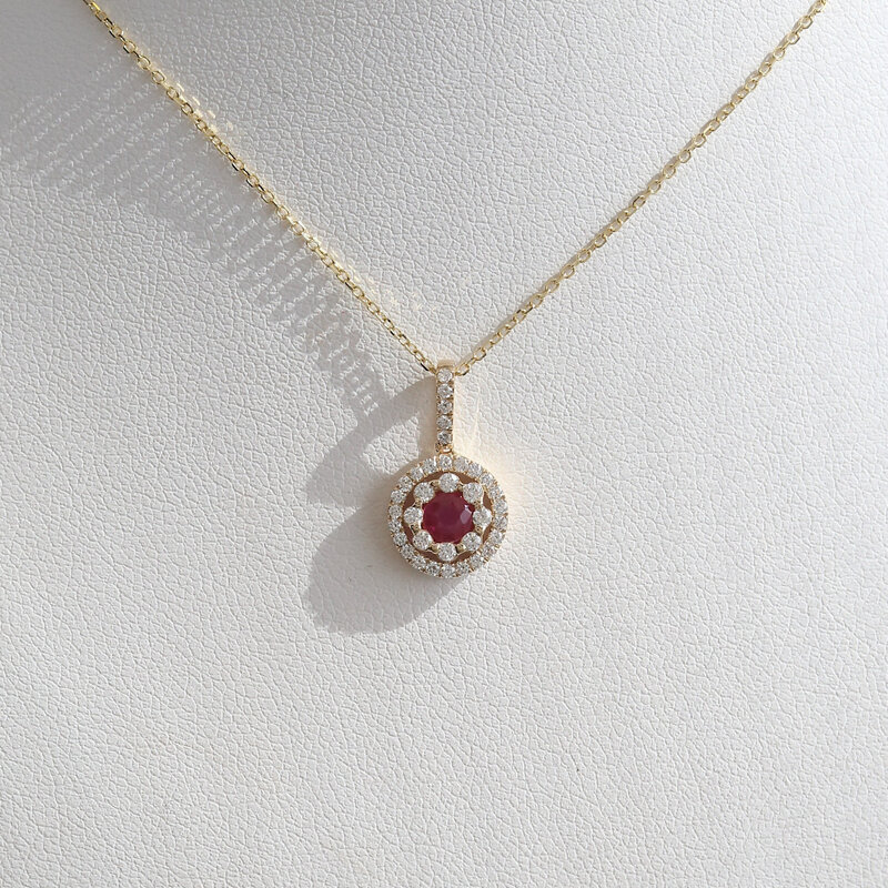 American Jewelry 14k Yellow Gold .28ct Ruby .24ctw Diamond Halo Necklace