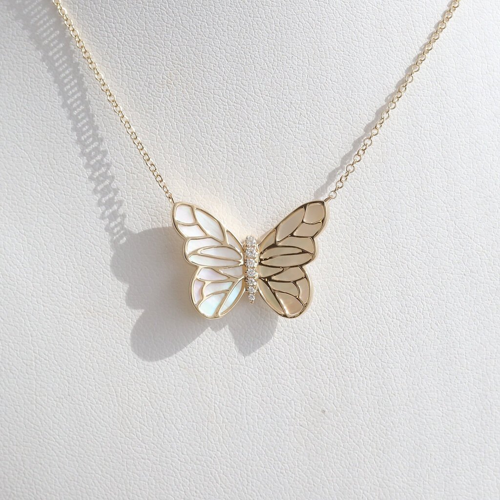 American Jewelry 14k Yellow Gold 1.57ct Mother of Pearl .05ctw Diamond Accent Butterfly Necklace