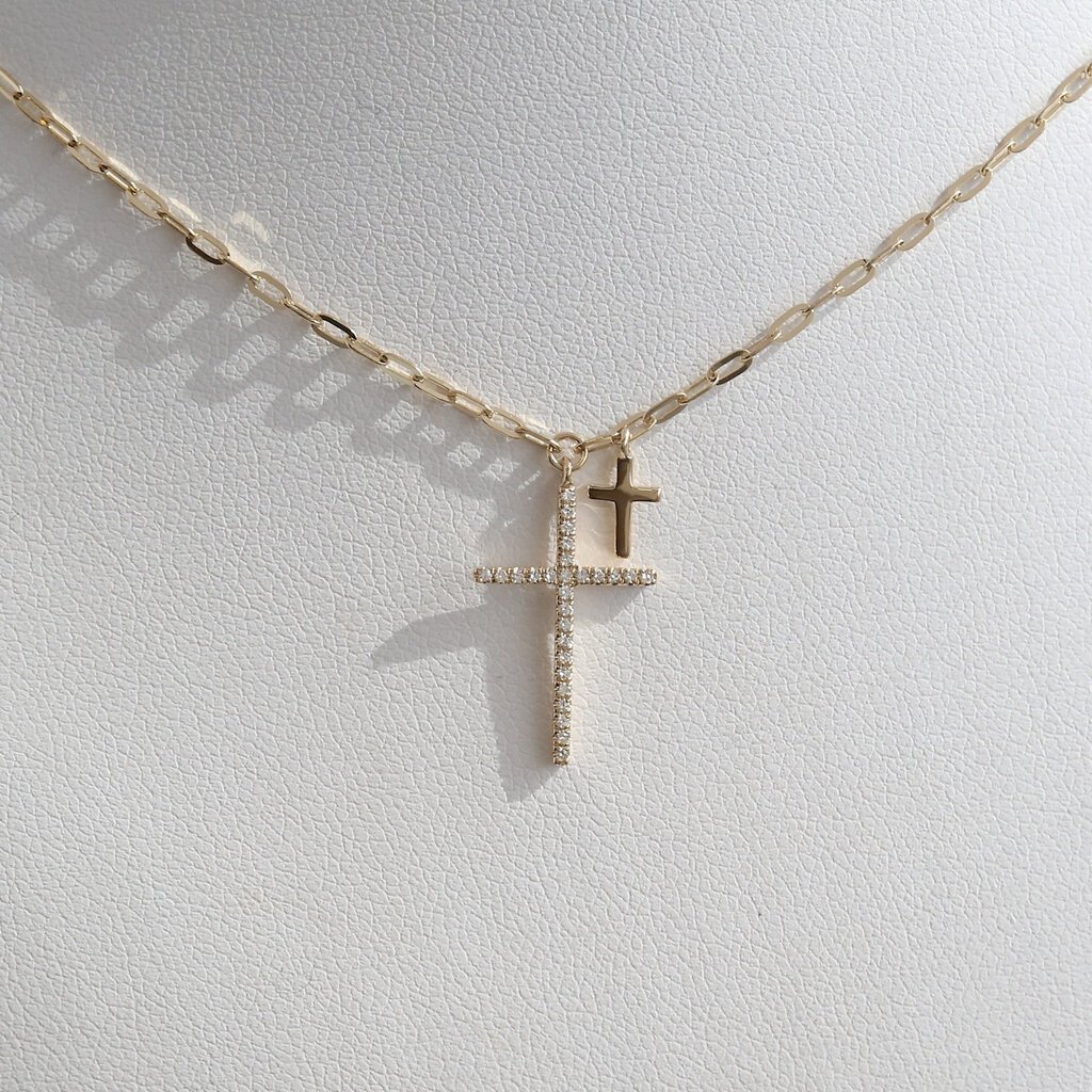 American Jewelry 14k Yellow Gold .07ctw Diamond Double Cross Paperclip Link Necklace