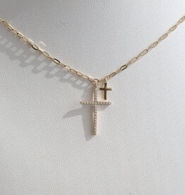 American Jewelry 14k Yellow Gold .07ctw Diamond Double Cross Paperclip Link Necklace