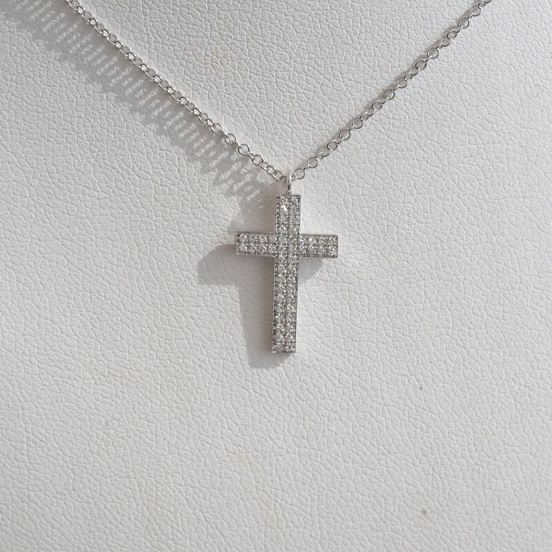 American Jewelry 14k White Gold .15ctw Diamond Pave Cross Necklace
