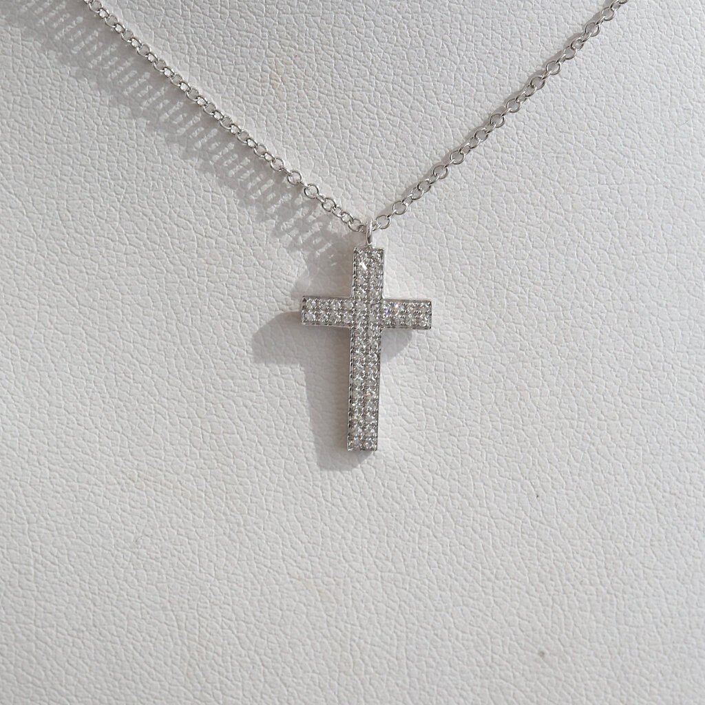 American Jewelry 14k White Gold .15ctw Diamond Pave Cross Necklace