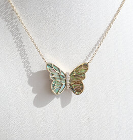 American Jewelry 14k Yellow Gold Abalone Shell Mother of Pearl Diamond Accent Butterfly Necklace