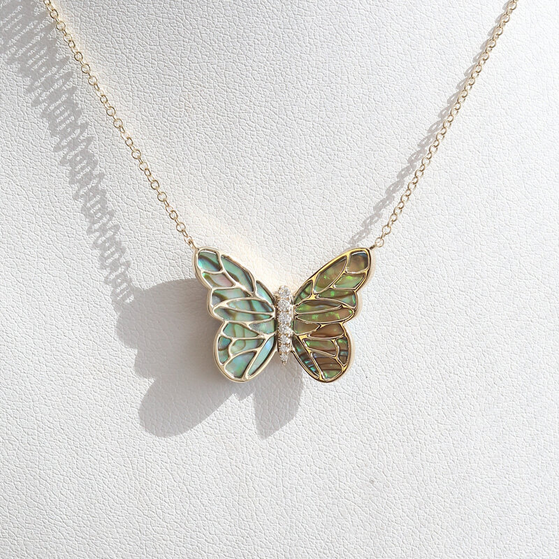 American Jewelry 14k Yellow Gold Abalone Shell Mother of Pearl Diamond Accent Butterfly Necklace