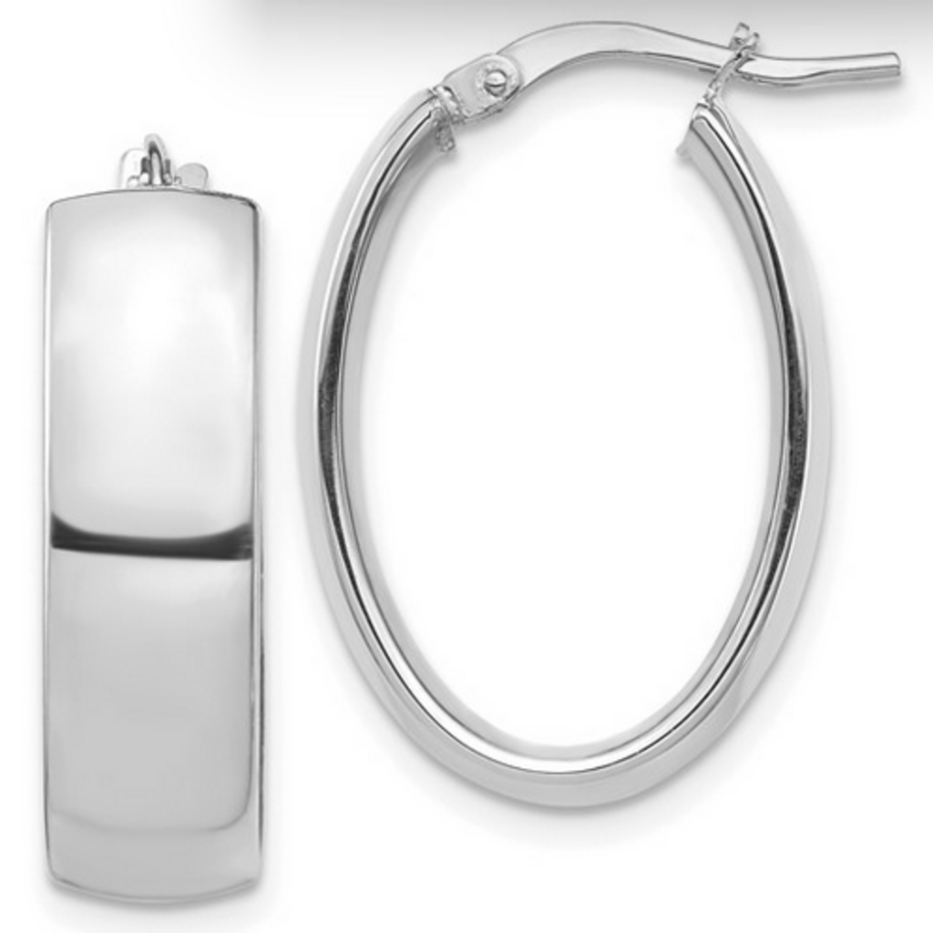 14k White Gold High Polished 7mm Oval Hoop Earrings