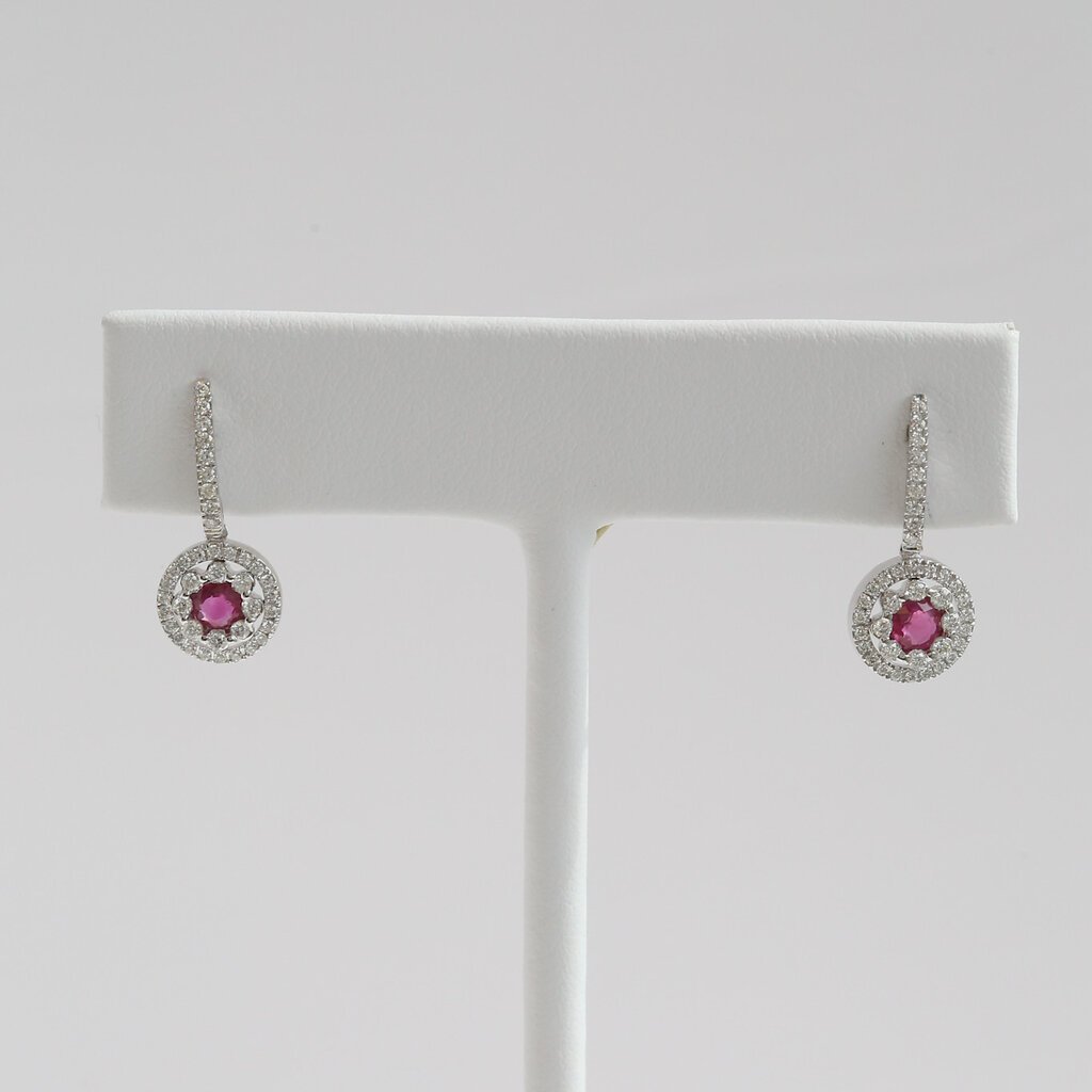 American Jewelry 14k White Gold .52ctw Ruby .44ctw Diamond Double Halo Dangle Earrings
