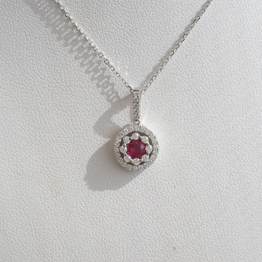 American Jewelry 14k White Gold .28ct Ruby .24ctw Diamond Double Halo Necklace