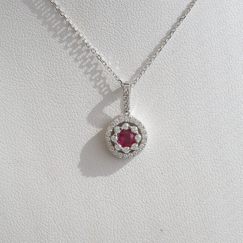 American Jewelry 14k White Gold .28ct Ruby .24ctw Diamond Double Halo Necklace