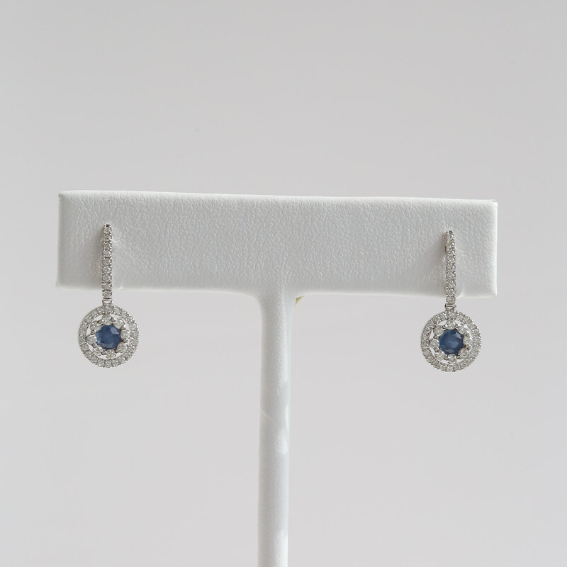 American Jewelry 14k White Gold .52ctw Sapphire .44ctw Diamond Double Halo Dangle Earrings