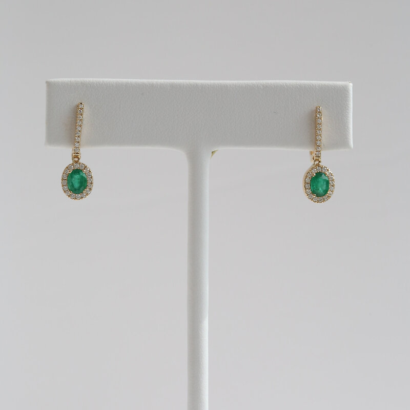 American Jewelry 14k Yellow Gold .91ctw Emerald .25ctw Diamond Oval Halo Dangle Earrings