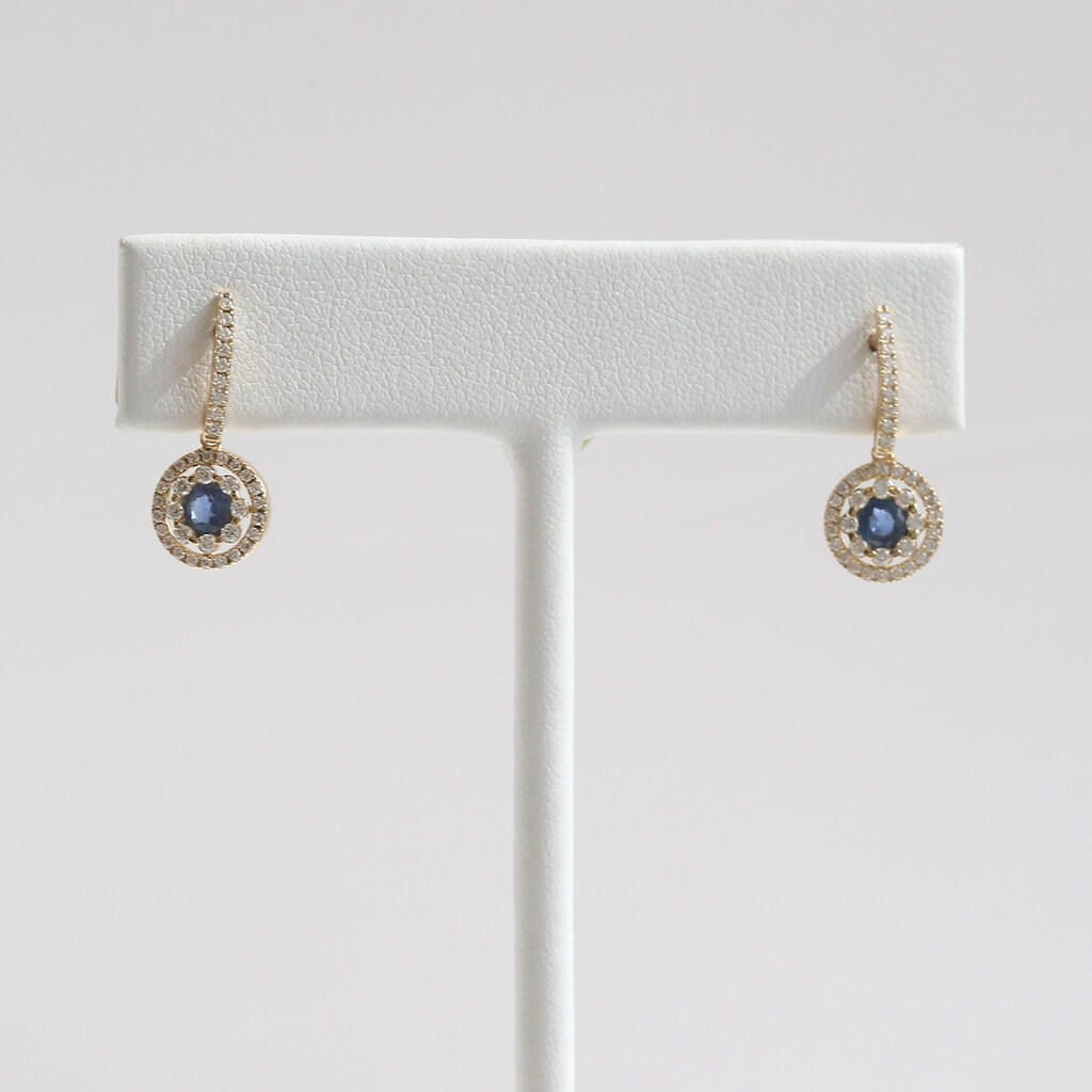 American Jewelry 14k Yellow Gold .52ctw Sapphire .44ctw Diamond Double Halo Dangle Earrings