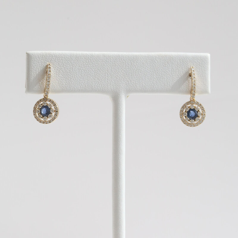 American Jewelry 14k Yellow Gold .52ctw Sapphire .44ctw Diamond Double Halo Dangle Earrings