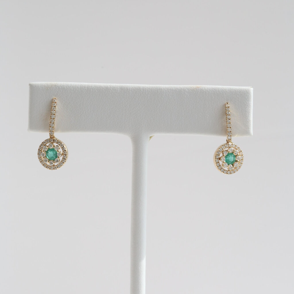 American Jewelry 14k Yellow Gold .44ctw Emerald .45ctw Diamond Double Halo Dangle Earrings