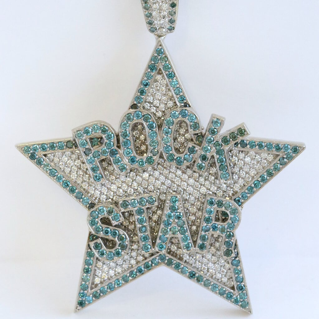 American Jewelry Estate 14k White Gold 87mm 17.29ctw Blue & White Diamond Pave Rockstar Pendant (NO CHAIN)