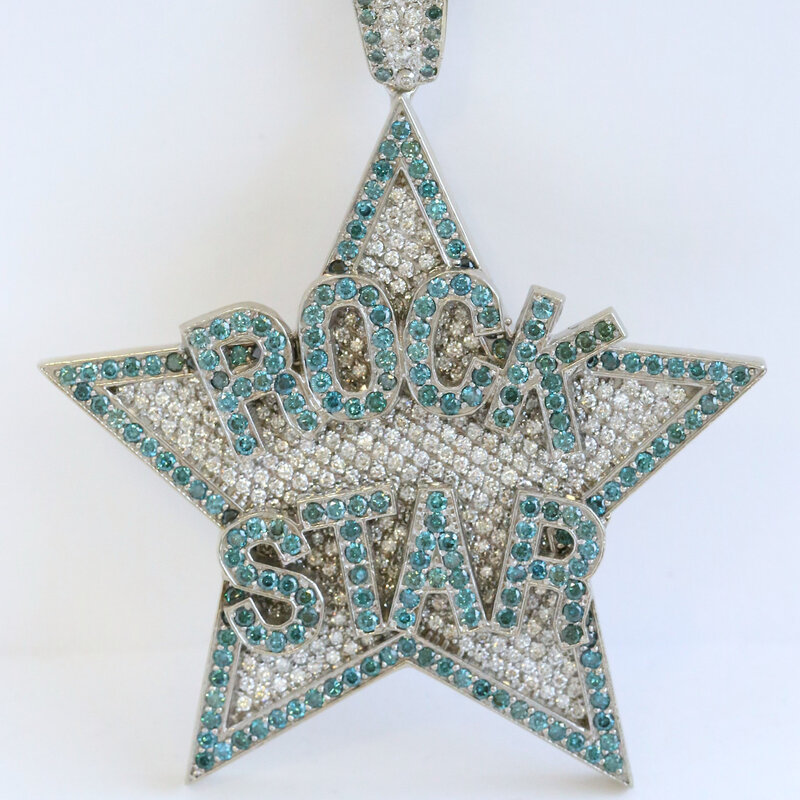 American Jewelry Estate 14k White Gold 87mm 17.29ctw Blue & White Diamond Pave Rockstar Pendant (NO CHAIN)