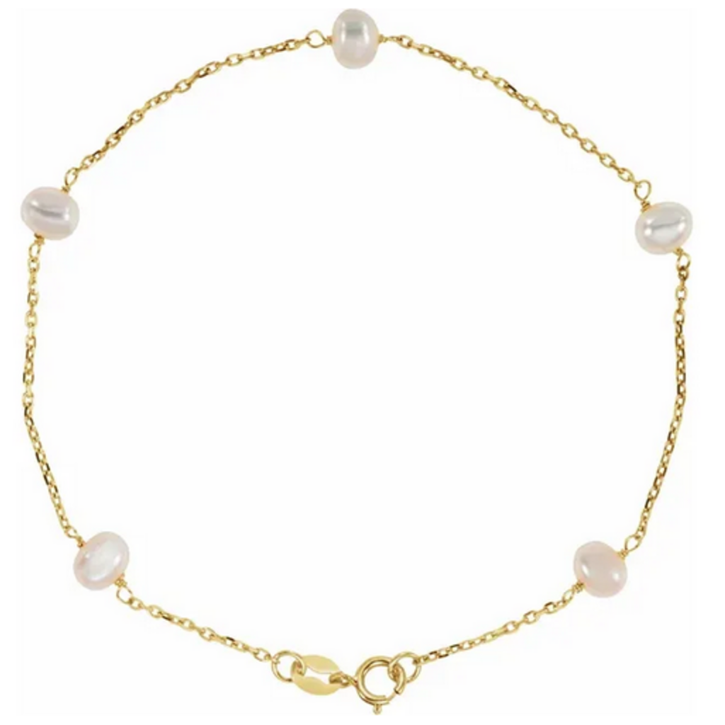 14K Yellow Gold 4.25mm Cultured White Freshwater Pearl Station Bracelet (7")
