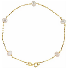 14K Yellow Gold 4.25mm Cultured White Freshwater Pearl Station Bracelet (7")