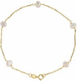 14K Yellow Gold 4.25mm Cultured White Freshwater Pearl Station Bracelet (7")