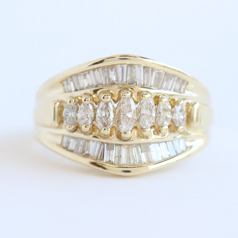American Jewelry ESTATE 14k Yellow Gold .75ctw Diamond Marquise & Baguette Band Ring