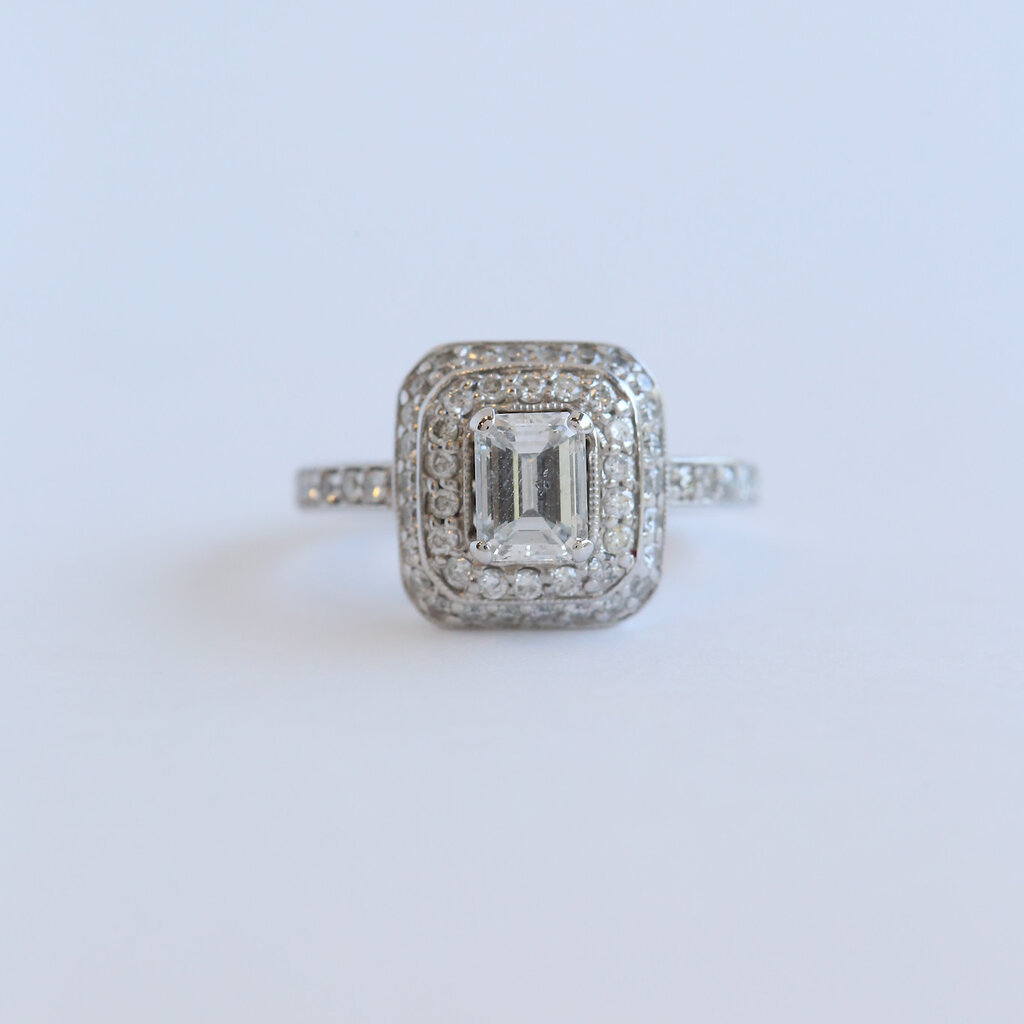 American Jewelry ESTATE 18k White Gold Approx 1.25ctw (.75ct H/I1 Ctr) Emerald Cut Diamond Double Halo Engagement Ring