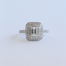 American Jewelry ESTATE 18k White Gold Approx 1.25ctw (.75ct H/I1 Ctr) Emerald Cut Diamond Double Halo Engagement Ring