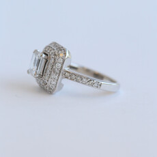 American Jewelry ESTATE 18k White Gold Approx 1.25ctw (.75ct H/I1 Ctr) Emerald Cut Diamond Double Halo Engagement Ring