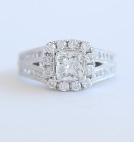 American Jewelry ESTATE 14k White Gold Approx. 2ctw (1.00 I/I2 Ctr) Princess Diamond Split Shank Halo Engagement Ring
